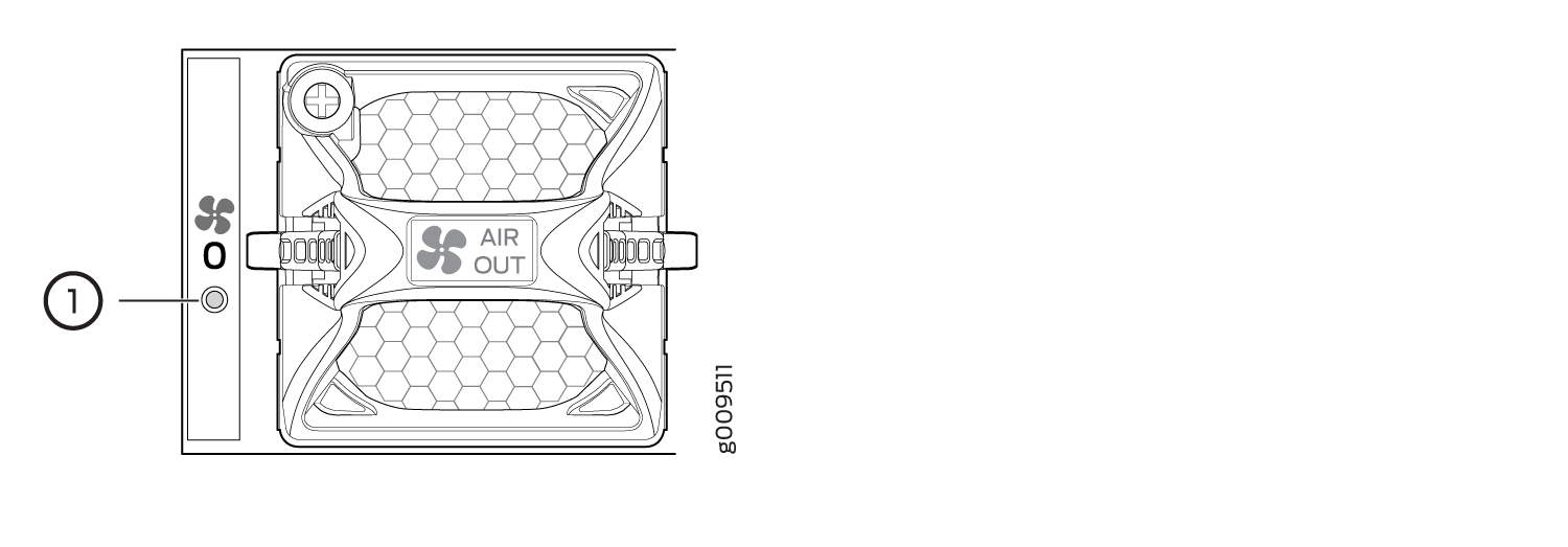 Technical diagram of an air outlet component with a fan icon labeled AIR OUT, hexagonal filter pattern, and part number g009511.