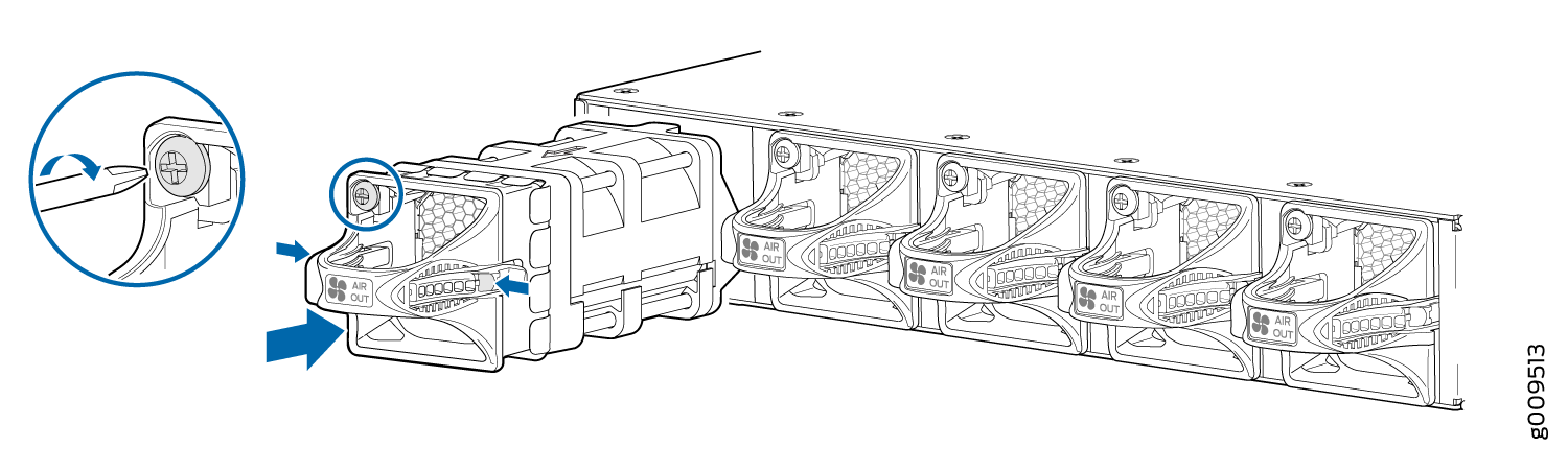 Cooling fans for a server with one fan being removed. Arrows indicate movement. Inset shows fan's locking mechanism detail. Fans labeled AIR OUT.