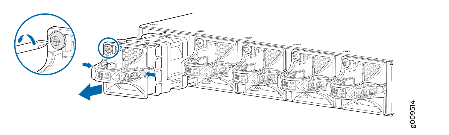 Cooling fans in a server with blue arrows showing removal direction and latch release for fan module. Airflow labeled AIR OUT.