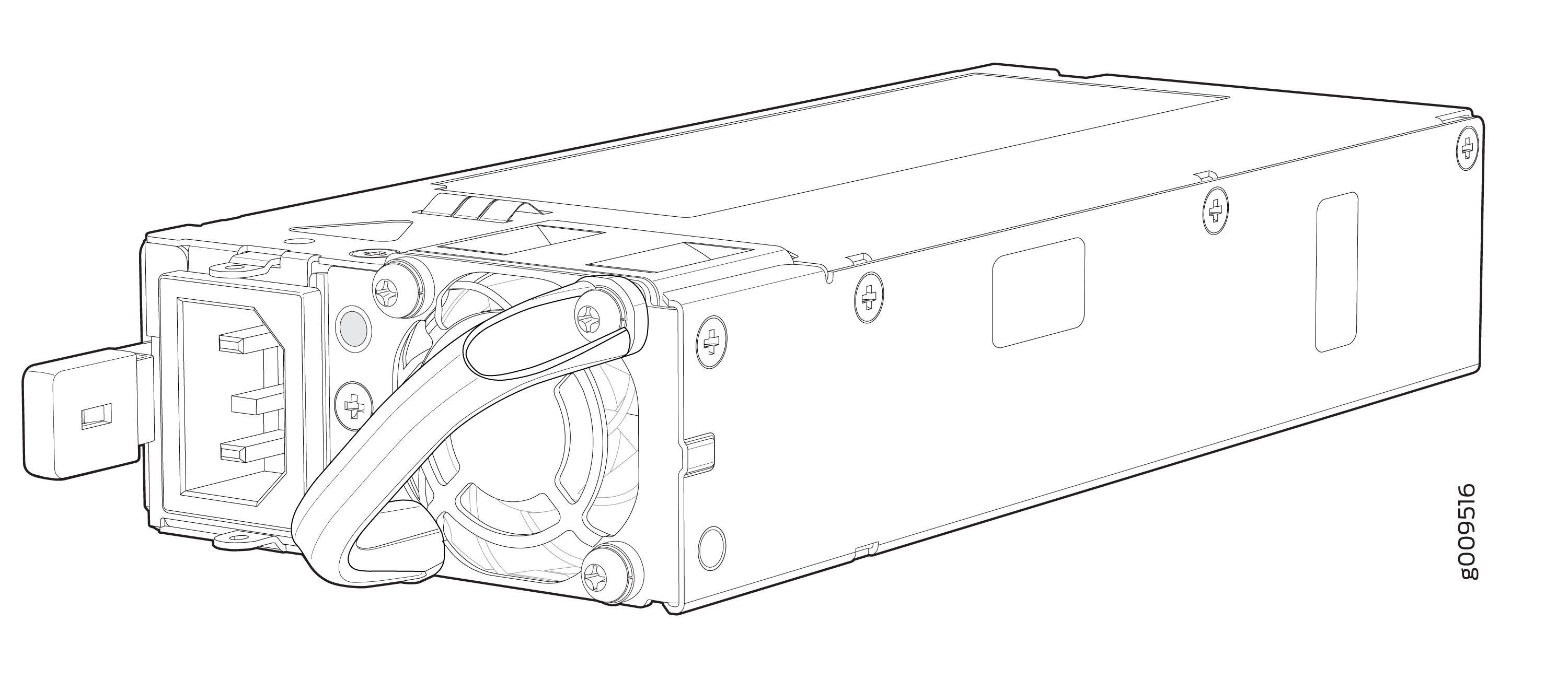 Line drawing of a modular power supply unit with power input connector, removal handle, and cooling fan.