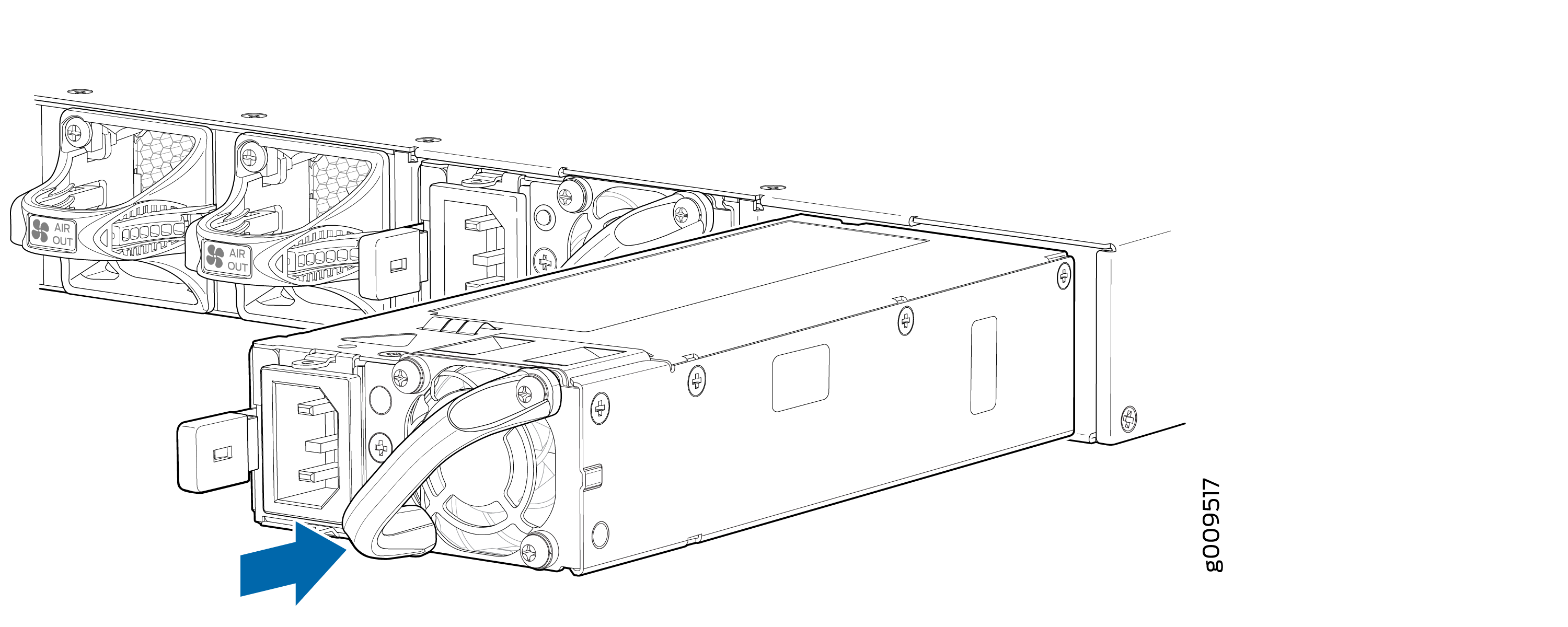 Hot-swappable power supply unit being removed from server chassis; blue arrow shows PSU direction; cooling fans labeled AIR OUT.