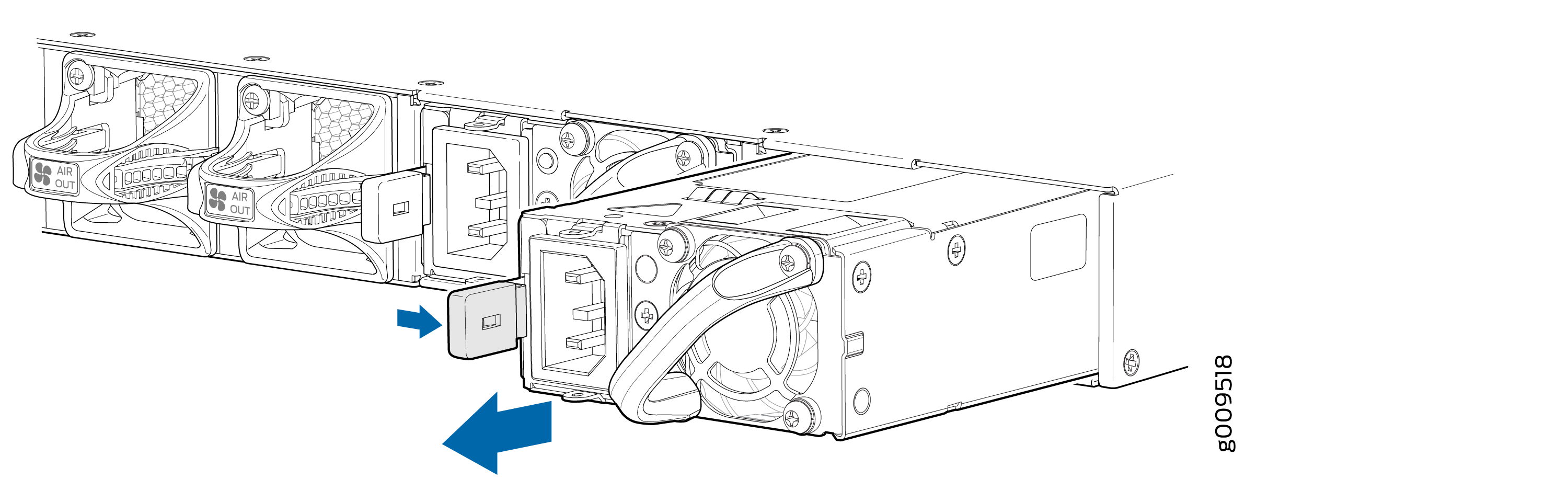 Technical illustration showing power supply unit removal or installation in a server with direction arrows and labeled airflow.