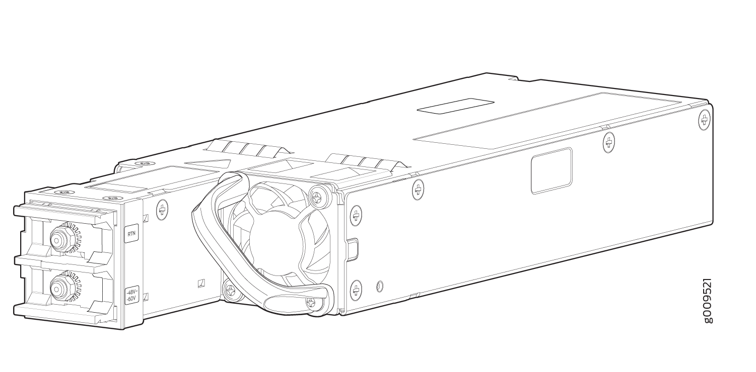 Technical line drawing of a modular power supply unit with power connectors and cooling fan.