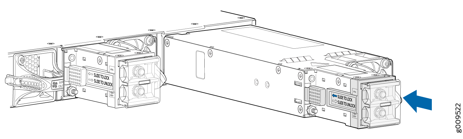 Power supply unit installation with blue arrow indicating sliding direction. Labels show Slide to Lock and Slide to Unlock. Air Out direction highlighted.