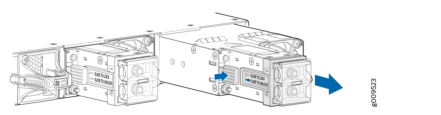 Technical illustration of removing or installing a modular unit in a server chassis, with blue arrows showing movement and labels for locking and unlocking.