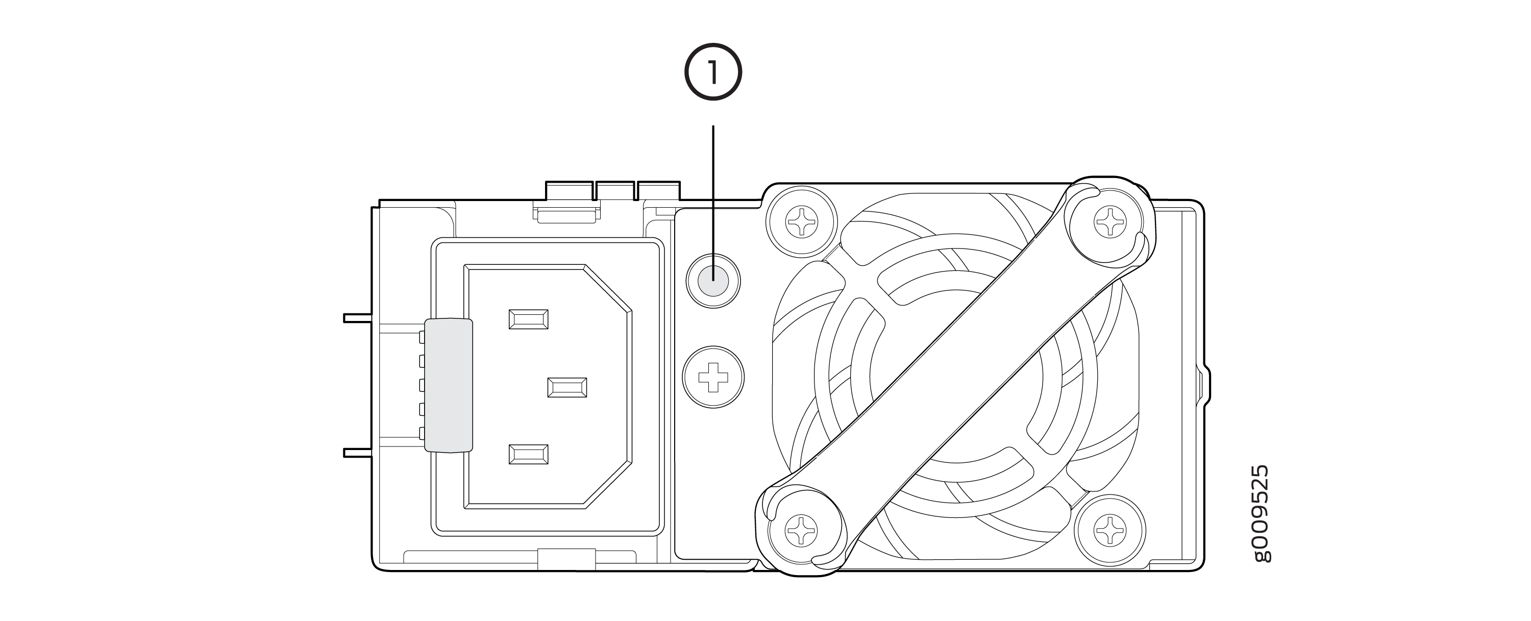 Technical drawing of a power supply unit with IEC C14 inlet, cooling fan, and label 8009525.