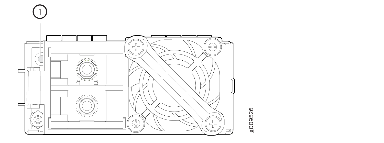 Cooling fan assembly schematic with a fan on the right, mounting screws, protective crossbar, and gear-like structures on the left.