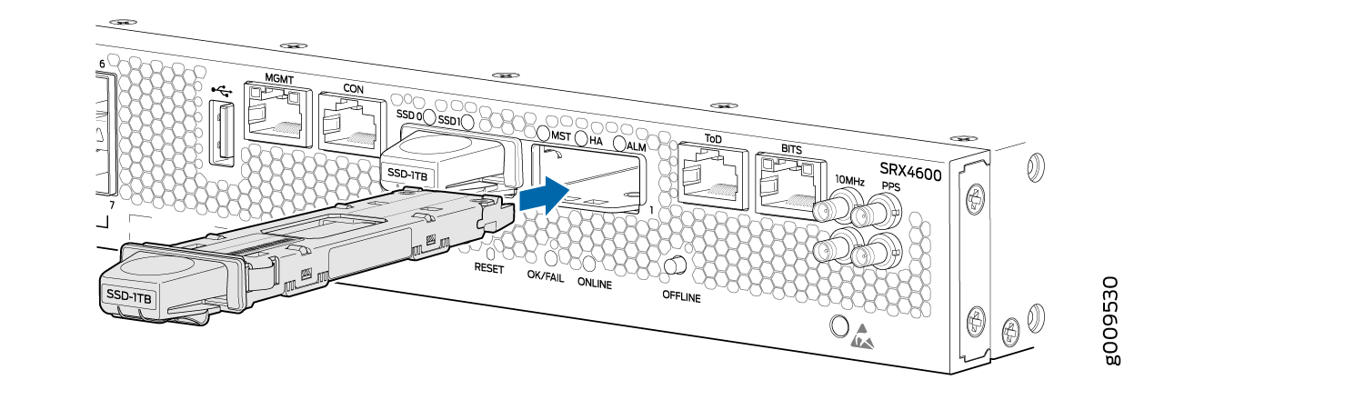 Rear panel of Juniper Networks SRX4600 with SSD-1TB being inserted into SSD0 slot. Includes ports: MGMT, CON, MST, HA, ToD, BITS, 10MHz.
