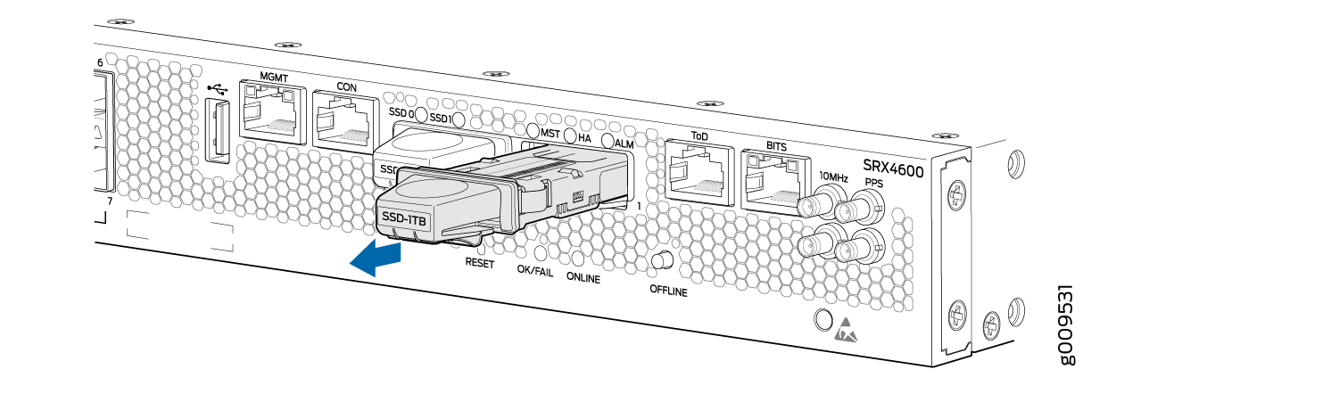 Rear panel of Juniper Networks SRX4600 showing SSD labeled SSD-1TB, MGMT and CON ports, ToD and BITS ports, 10MHz and PPS connectors, status LEDs, and hexagonal ventilation.