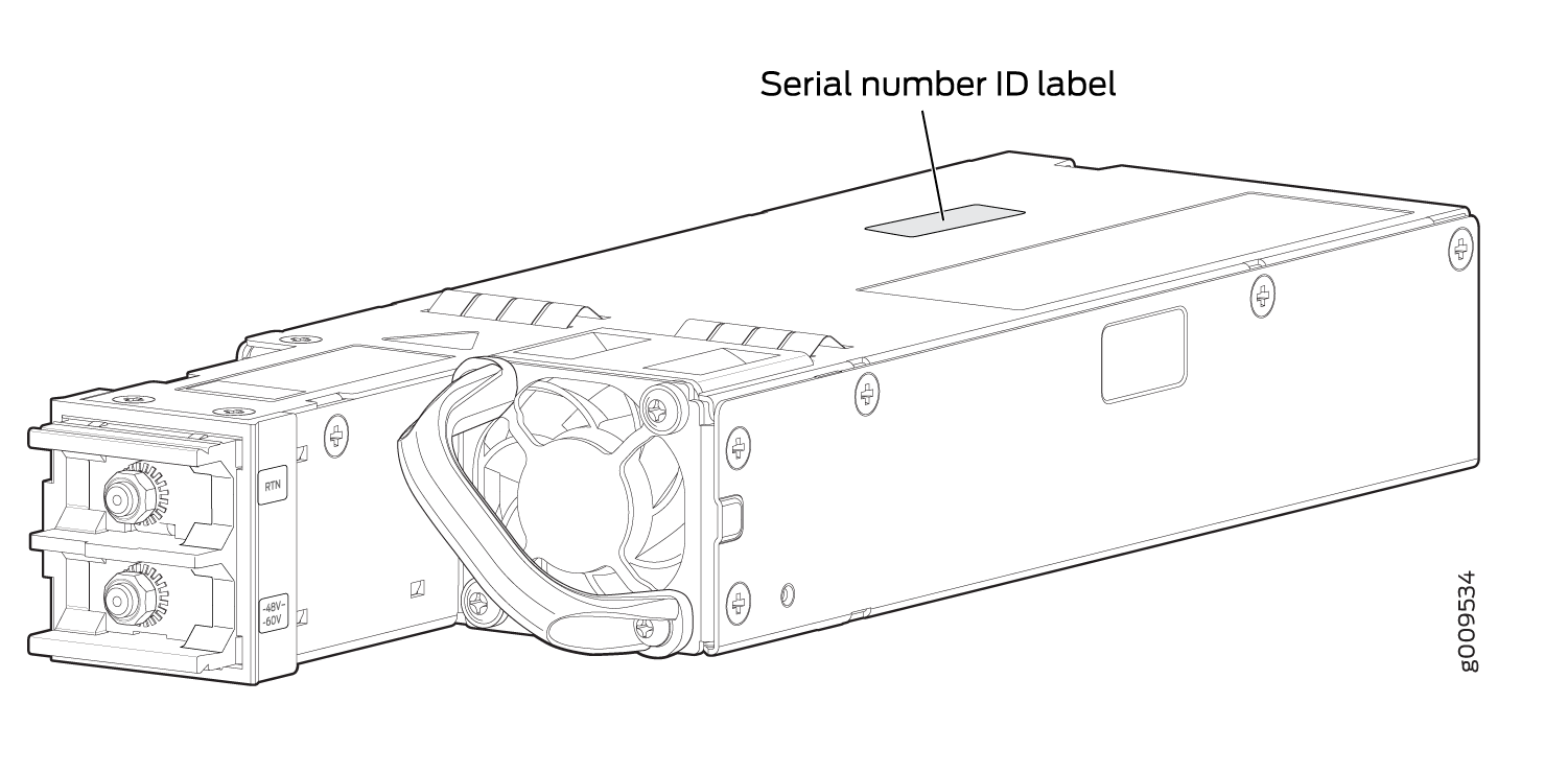 Technical drawing of a PSU with serial number ID label, cooling fan, power connectors, and voltage range -48V to -60V.