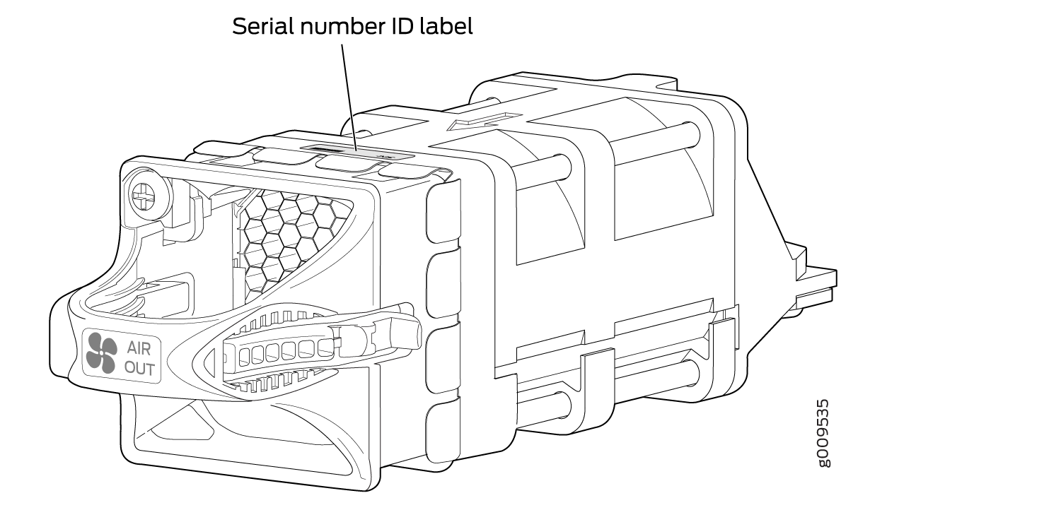 Technical illustration of a component with an air outlet labeled AIR OUT and a honeycomb structure for ventilation. Serial number ID label location marked.