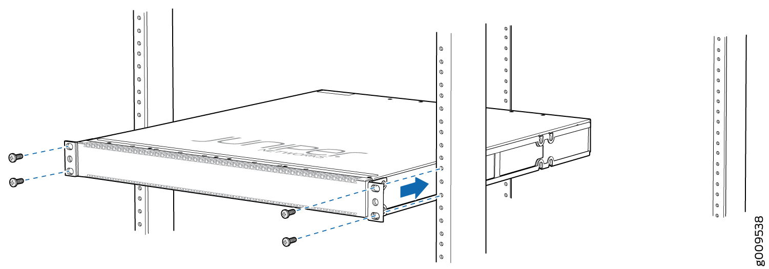 Rack-mounted Juniper Networks device being installed into a server rack with screws on vertical rails.