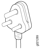 Three-prong electrical plug illustration in black and white.