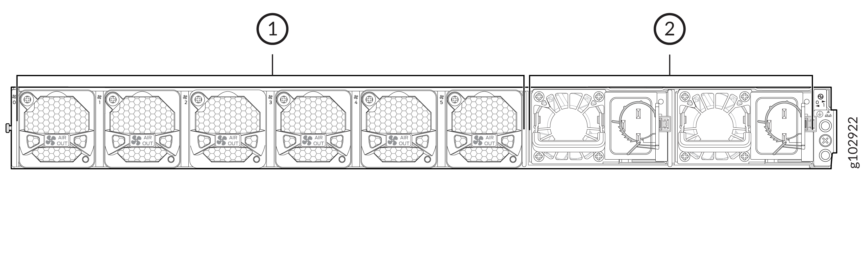 Technical diagram of a cooling system with Section 1 showing six cooling fans labeled 0-5 with airflow direction and Section 2 featuring smaller fans and a rotary dial.