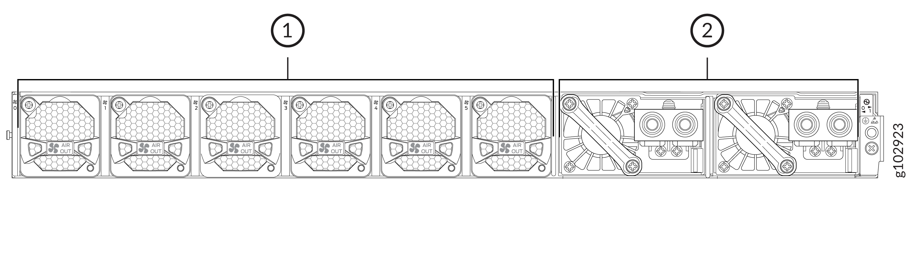 Diagram of server equipment showing section 1 with cooling fans labeled AIR OUT and section 2 with power supply unit and connectors.