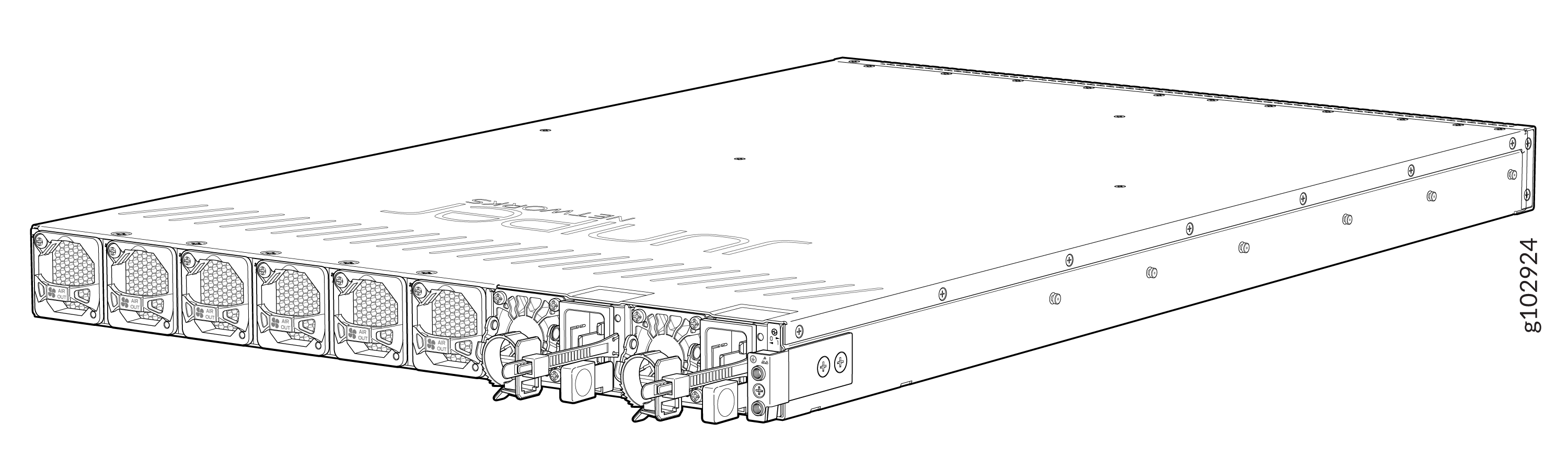 Juniper Networks rack-mounted device rear view with cooling fans, power supply units, and power cable connectors.
