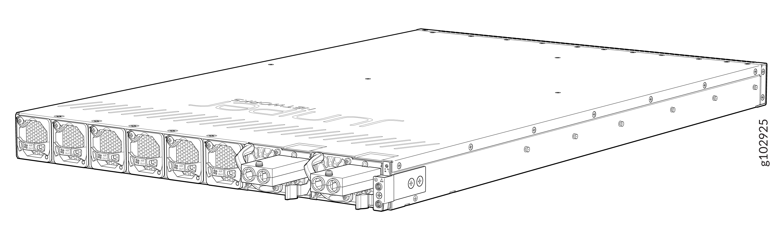 Juniper Networks rack-mounted device with cooling fans and power supply units.