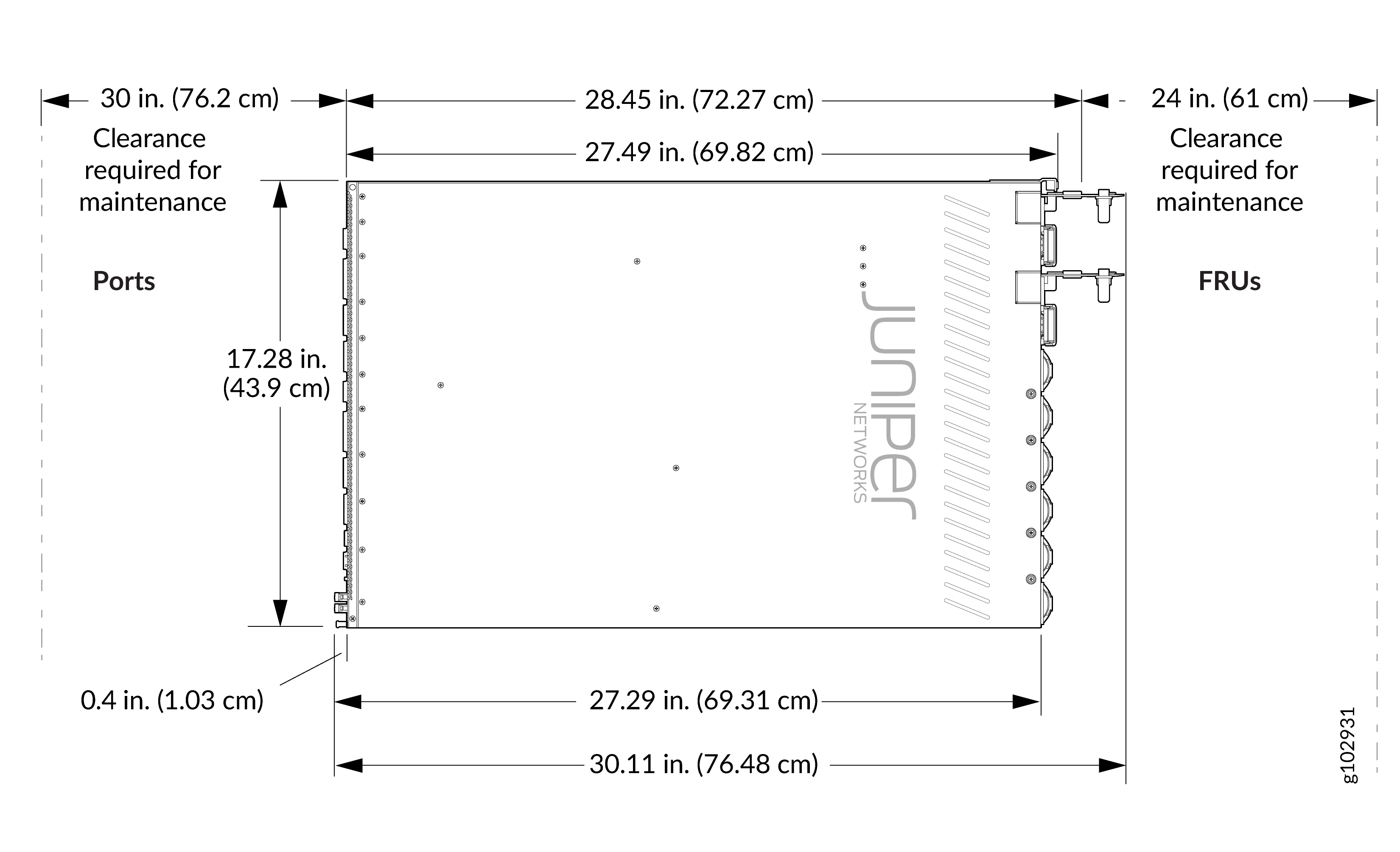 Juniper Networks device diagram with dimensions: 17.28 inches tall, 27.29 inches deep, 30.11 inches wide. Requires 30 inches clearance on ports side and 24 inches on FRUs side for maintenance.