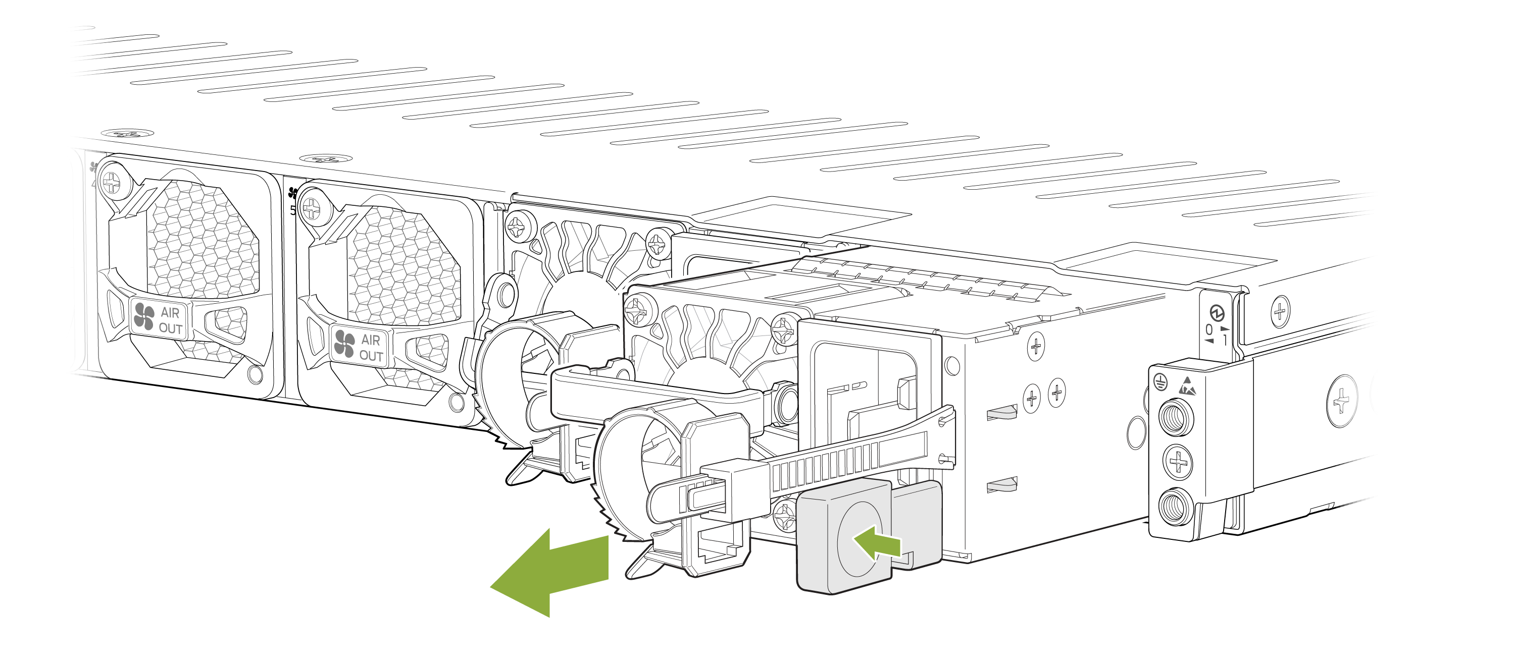 Rear side of server with cooling fans labeled AIR OUT, power supply units, and components. Green arrows indicate maintenance actions.