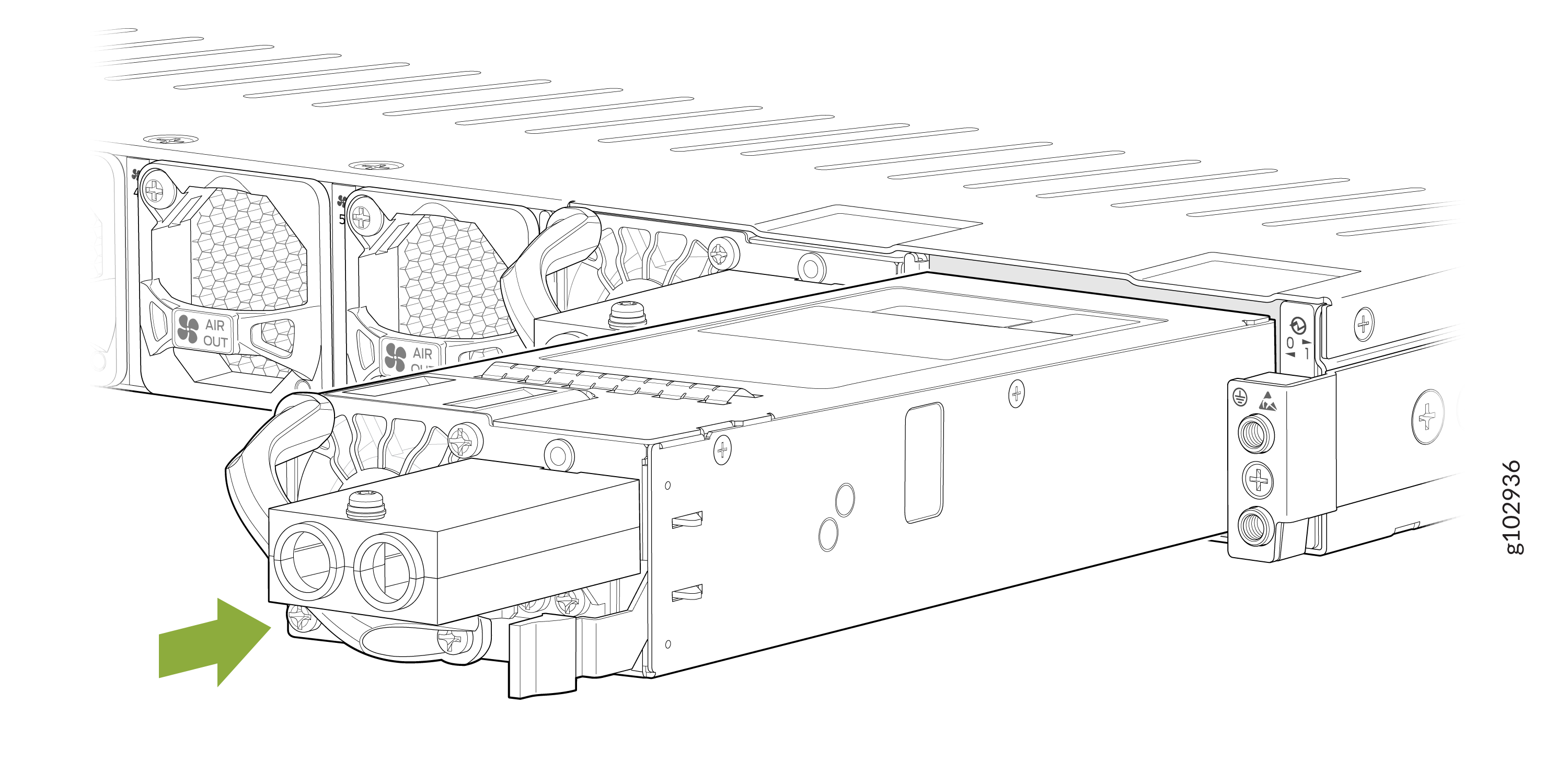 Modular power supply unit or cooling system with labeled AIR OUT sections for airflow management and a green arrow indicating removable component.