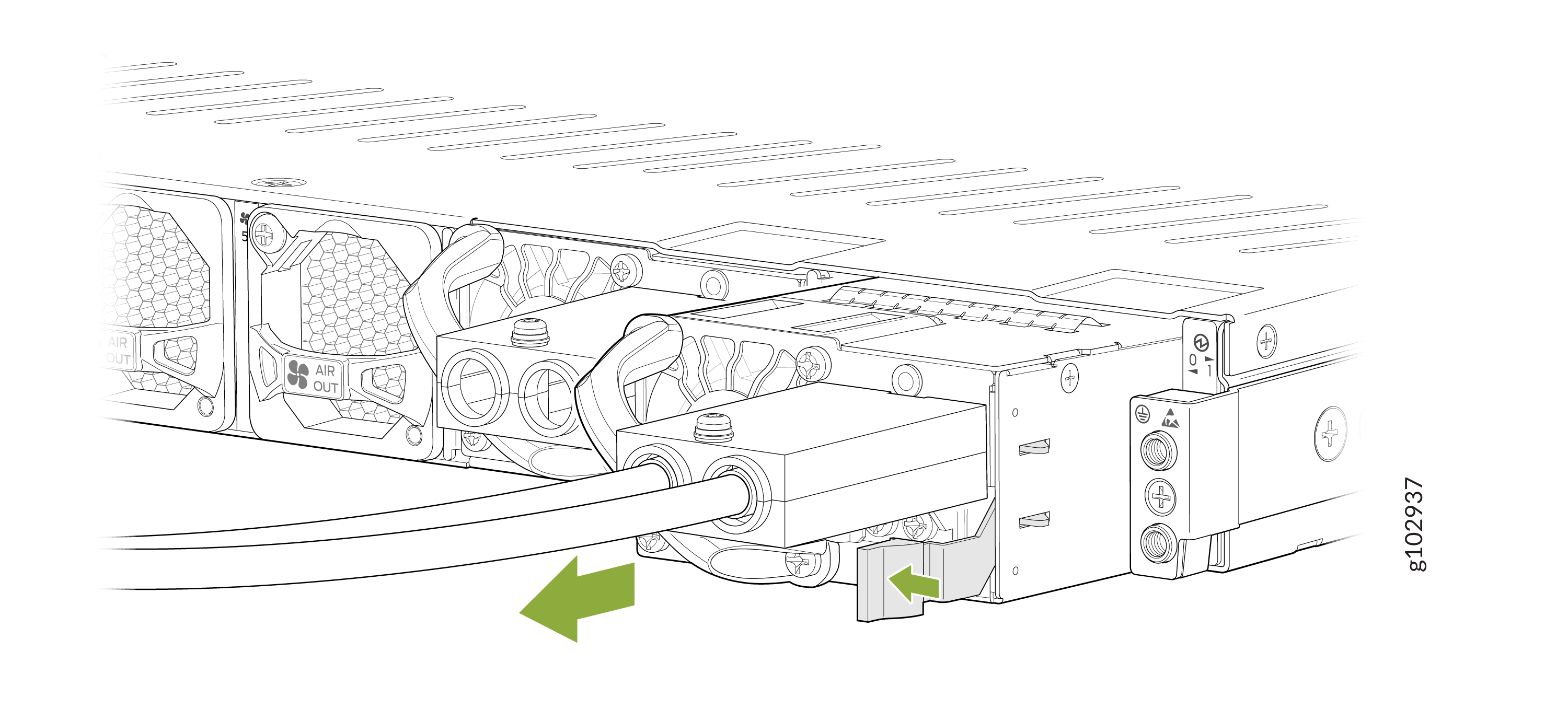 Rear view of server with cooling fans labeled AIR OUT showing airflow direction; two cables with green arrows indicate connection or disconnection paths; label g102937 visible.