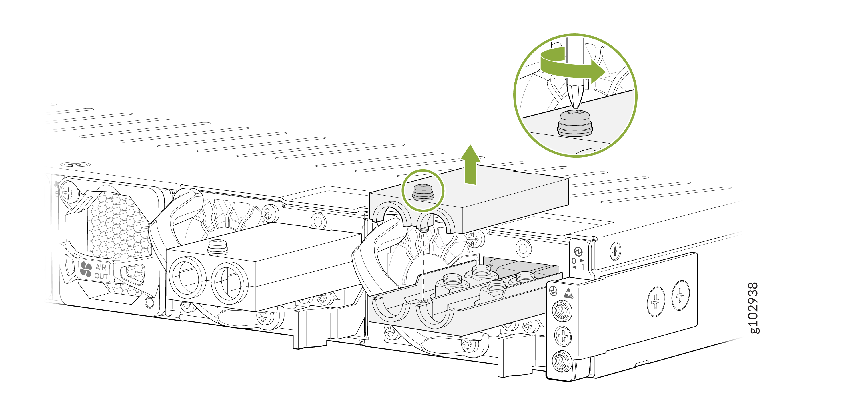 Threaded cap being unscrewed from a module in a mechanical system, with focus on rotational motion.