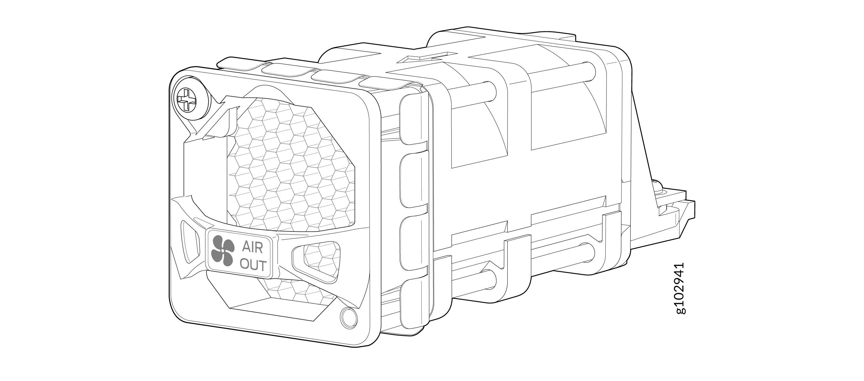 Line drawing of an air filter module with a fan icon labeled AIR OUT, featuring a hexagonal mesh pattern for ventilation.