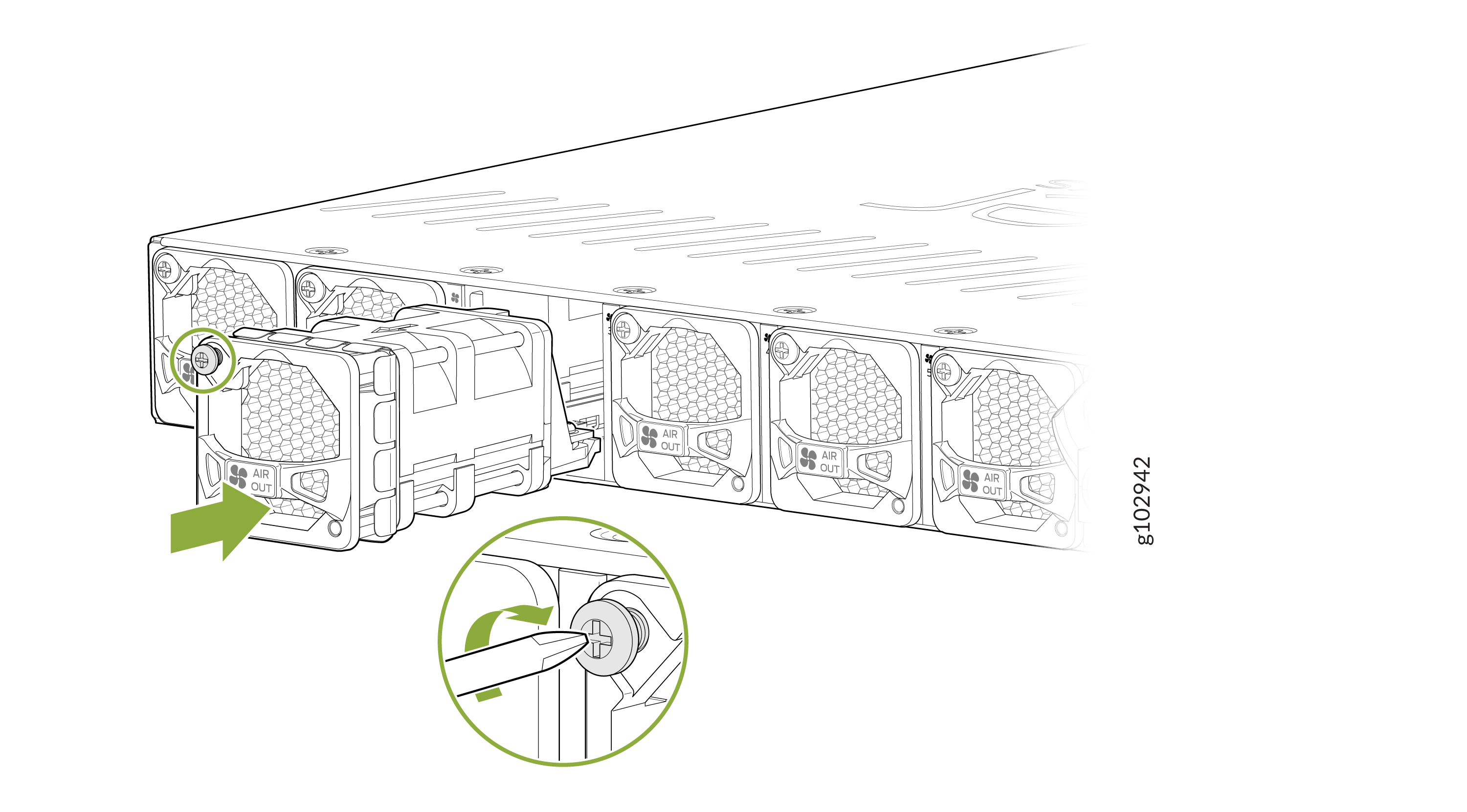 Technical illustration of a server showing a fan module being installed or removed with a screwdriver close-up.