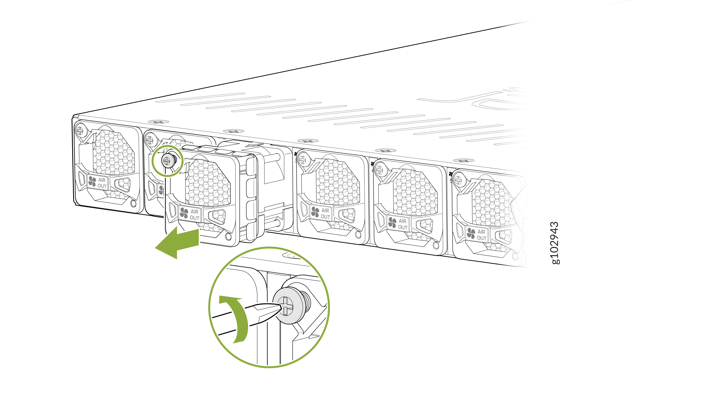 Removing a fan module from server with green arrows showing direction; screwdriver turning screw to release module.