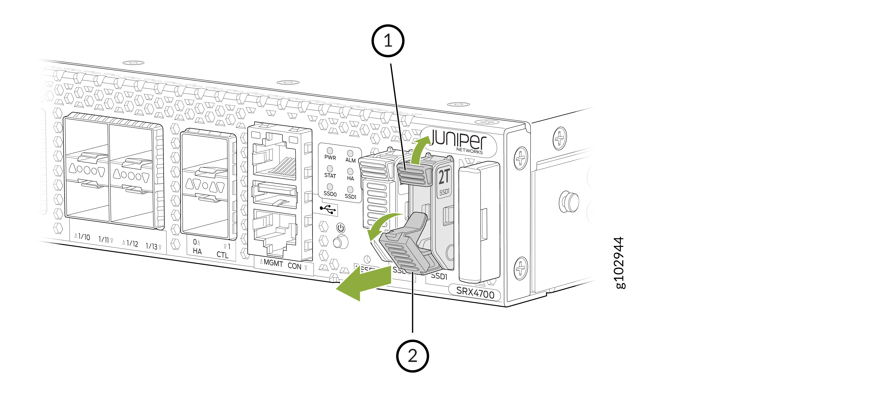 Rear panel of Juniper Networks SRX4700 showing SSD removal or insertion with labeled SSD release latch and 2TB SSD module.
