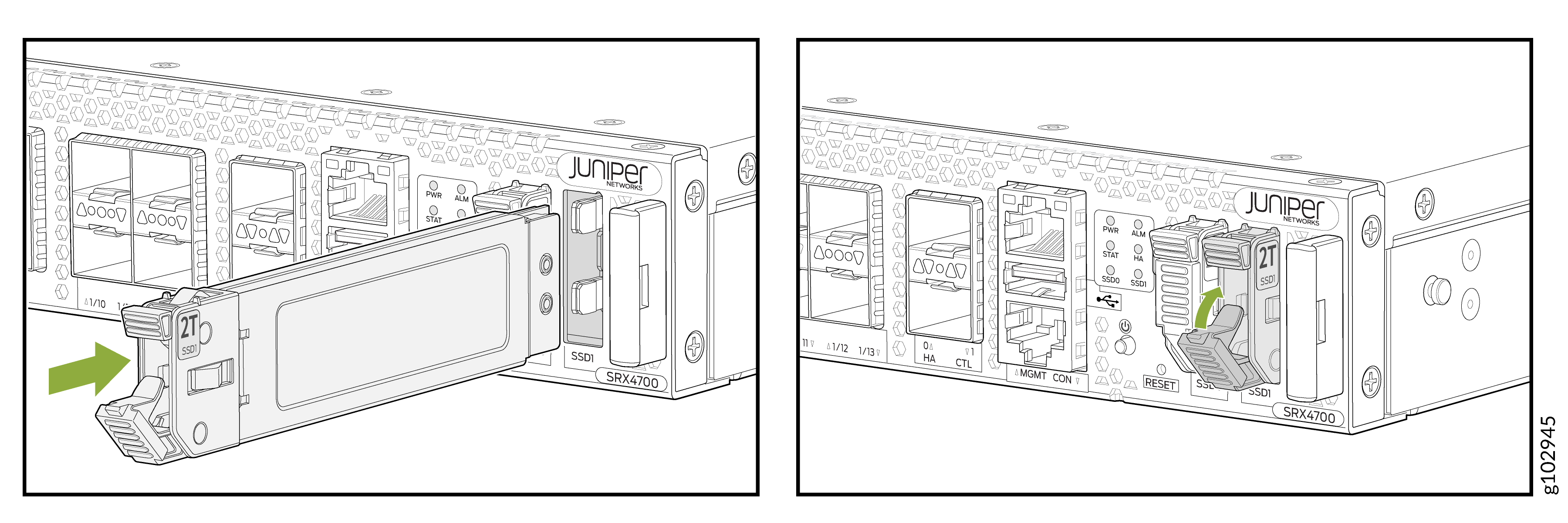 Inserting or removing an SSD module from a Juniper Networks SRX4700 device slot labeled SSD1.