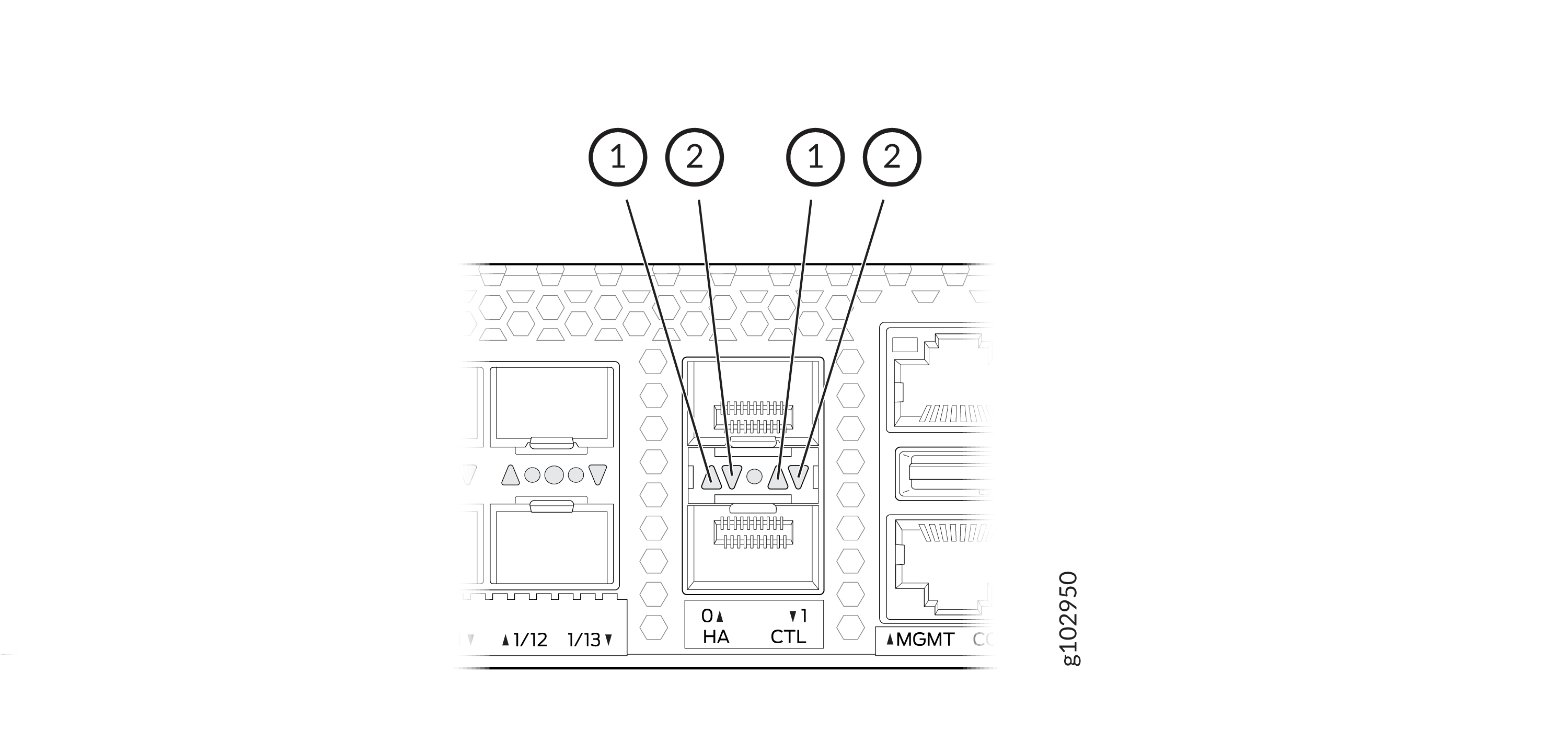 Rear panel of a server with labeled ports including HA for high availability, CTL for control, and MGMT for management.