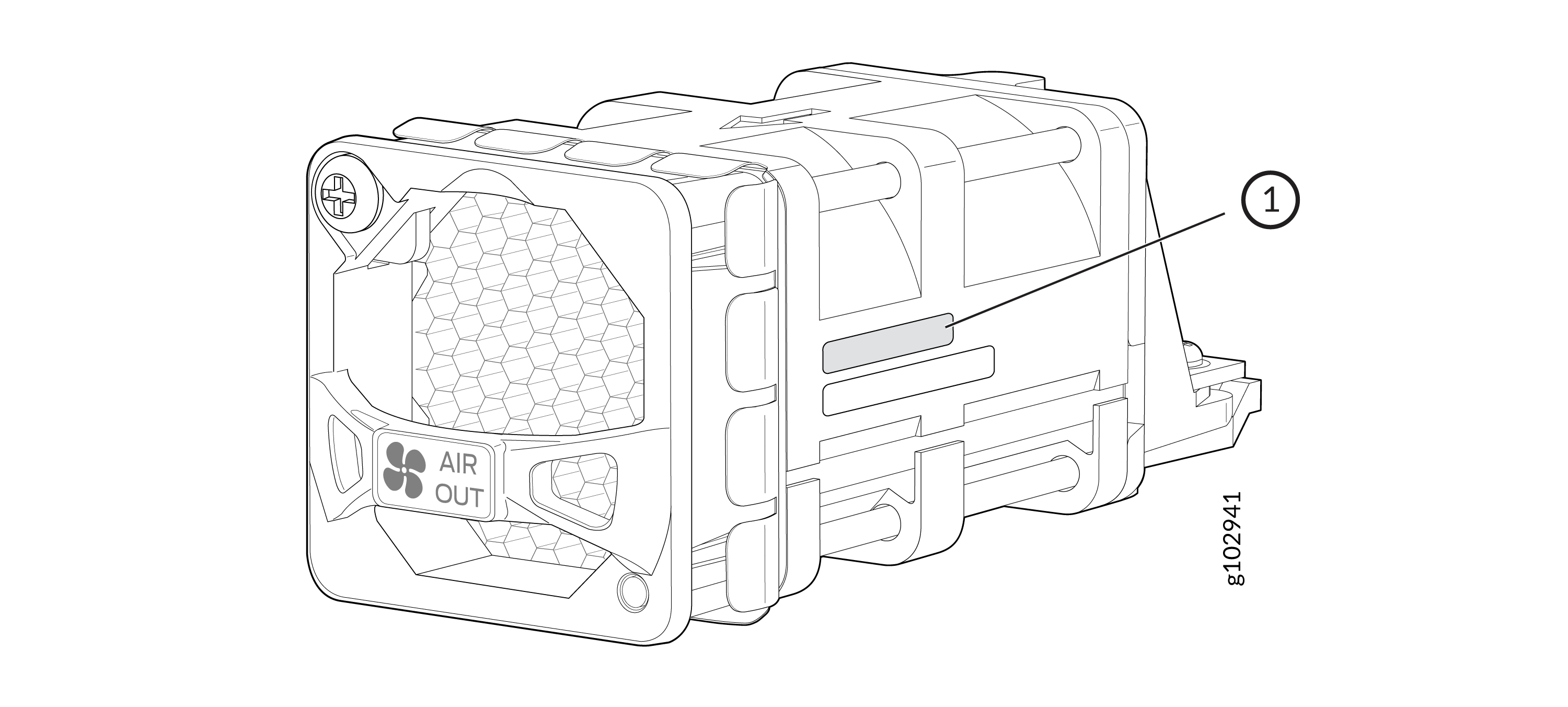 Air outlet with honeycomb vent pattern labeled AIR OUT. Number 1 points to a specific feature for reference.