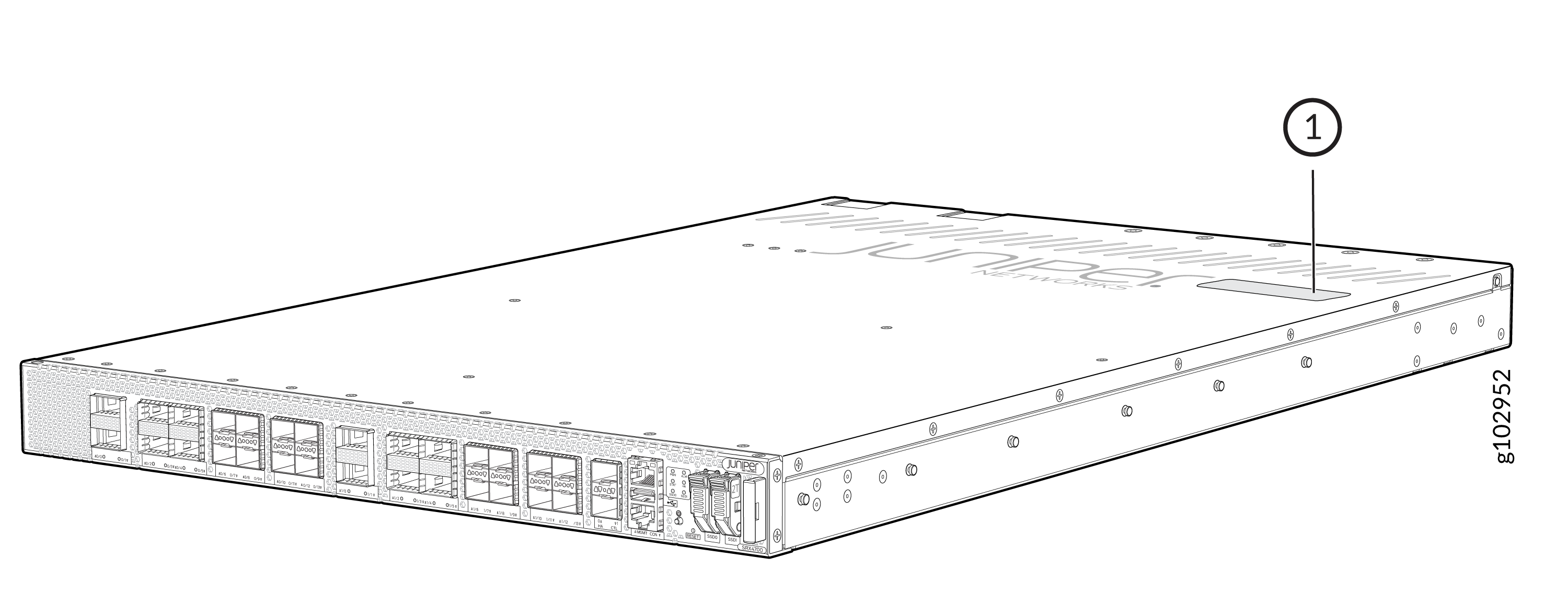 Line drawing of a Juniper Networks SRX4100 Services Gateway showing ports and connectors for network interfaces and management.