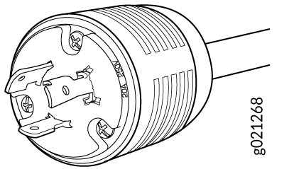 Technical drawing of an industrial electrical plug with prongs and a cylindrical body, showing screws for securing wires.
