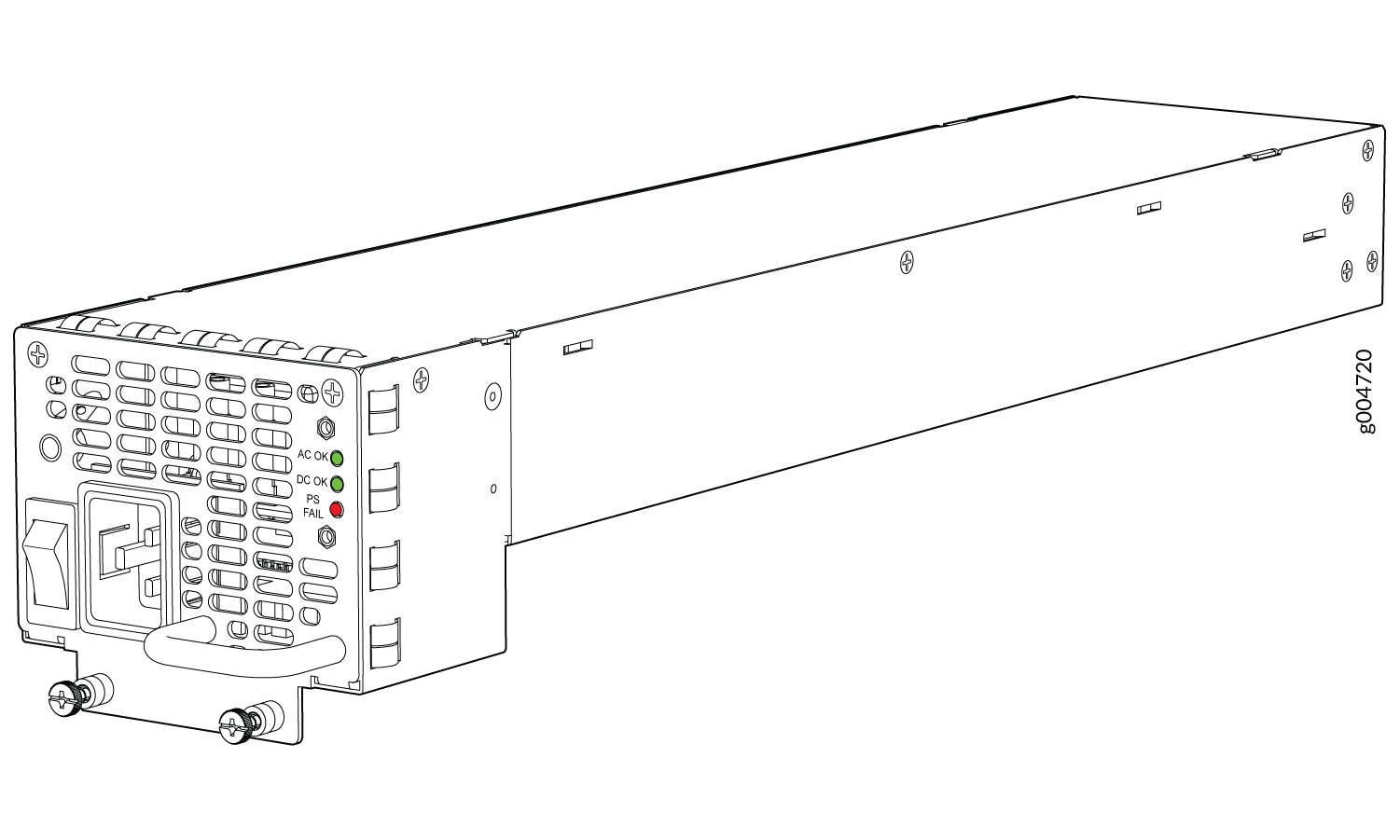 Line drawing of a power supply unit with ventilation holes, power switch, indicator lights labeled AC OK, DC OK, PS FAIL, and a handle for rack insertion.