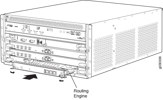 Juniper Networks router chassis with labeled Routing Engine, managing the control plane and modular slots for line cards and power supplies.