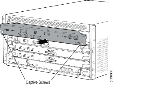 Juniper Networks router front panel with highlighted Craft Interface and Captive Screws in a rack-mounted data center setup.