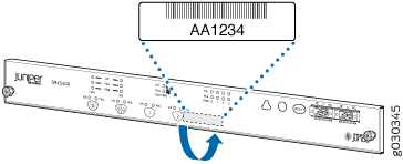 Back panel of a Juniper SRX Series Services Gateway highlighting serial number location for identification and support.