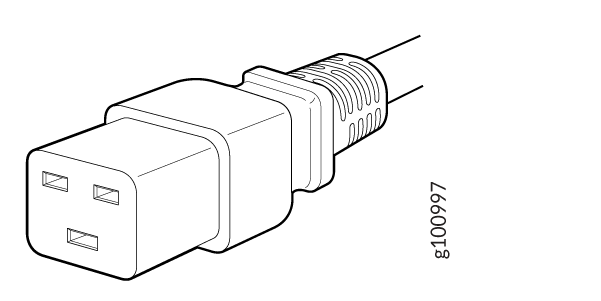 Technical drawing of an IEC 60320 C13 power connector with two wires and a rectangular housing with three slots.