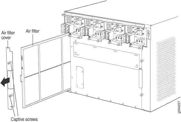Technical diagram of a server enclosure showing an air filter system with cover and captive screws. Multiple power supply units at the top.