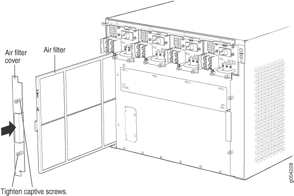 Technical diagram of server enclosure showing internal components, power supplies, air filter system, and instructions to tighten screws for airflow management.