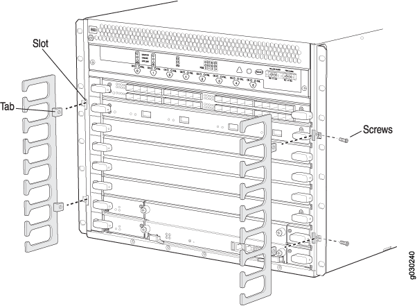 Technical diagram of rack-mounted server equipment showing labeled slots, tabs, screws, and chassis in a modular chassis system.