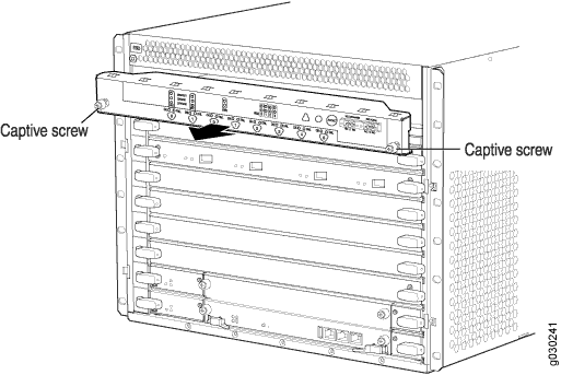 Rear view of a network switch with slots for line cards and highlighted captive screws for securing components.