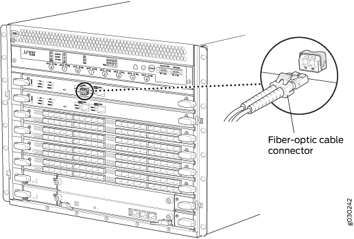 Juniper Networks router with fiber-optic cable connector for high-speed data transmission, rack-mounted with multiple ports.