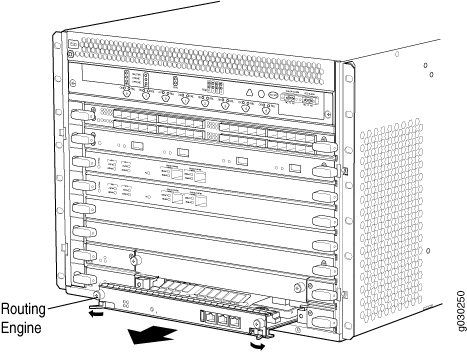 Technical diagram of a network router chassis, showing internal components like slots for line cards, power supplies, cooling fans, and routing engine.