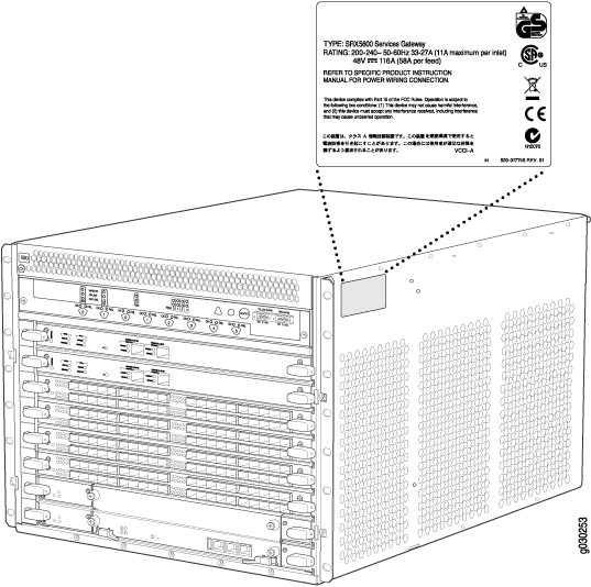 Rack-mounted server showing multiple slots, ventilation panels, and connectivity ports. Top right label displays technical specifications and compliance details.