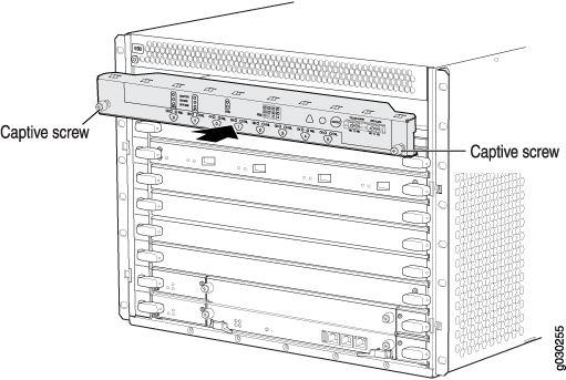 Technical diagram of a network equipment chassis with a removable module secured by labeled captive screws.