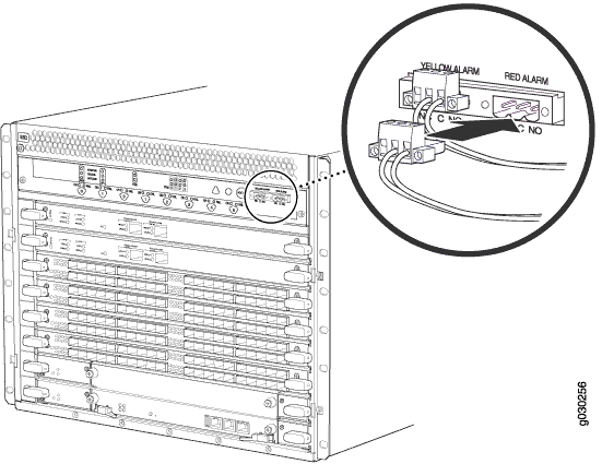 Network equipment rack diagram showing wiring for yellow and red alarm indicators with connections to common, normally open, and normally closed terminals.
