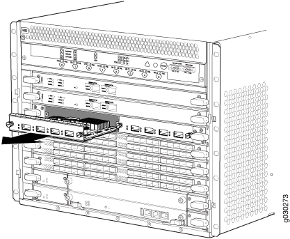 Technical diagram of a network switch chassis with multiple slots and a partially inserted line card.